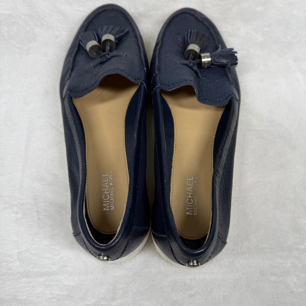 Michael Kors Navy Pebbled Leather Tassel Loafer Sneakers Silver Hardware Blue 7 - Picture 9 of 14